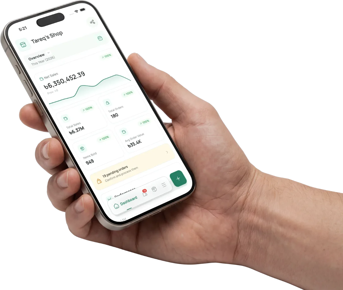 The SellBuddy app open on a phone, showing a shop's sales dashboard